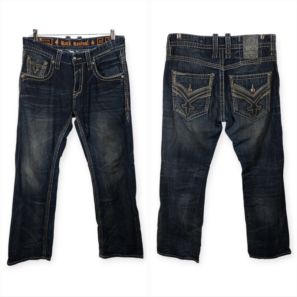 Rock Revival Men's Jeans 34 W X 32 L Remedy Relaxed Straight Dark Blue